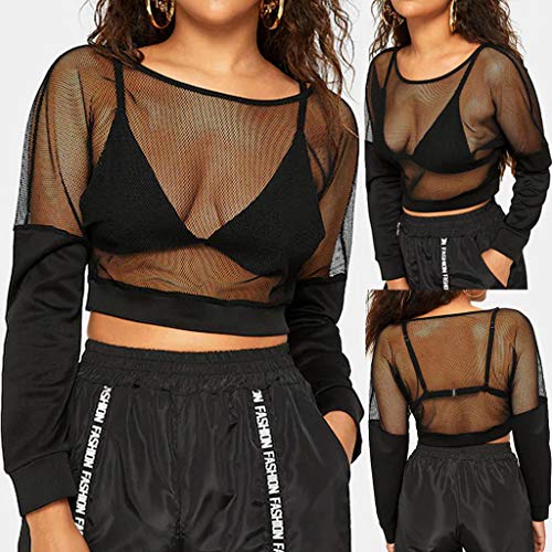 Startview Fashion Womens O-Neck Solid Mesh Patchwork Cropped Bolero Long Sleeve Tops