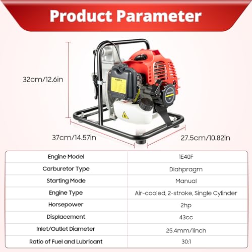 Trash Pump 1 inch Inlet/Outlet Water Pump 2HP 43cc Gas Powered Water photo 10