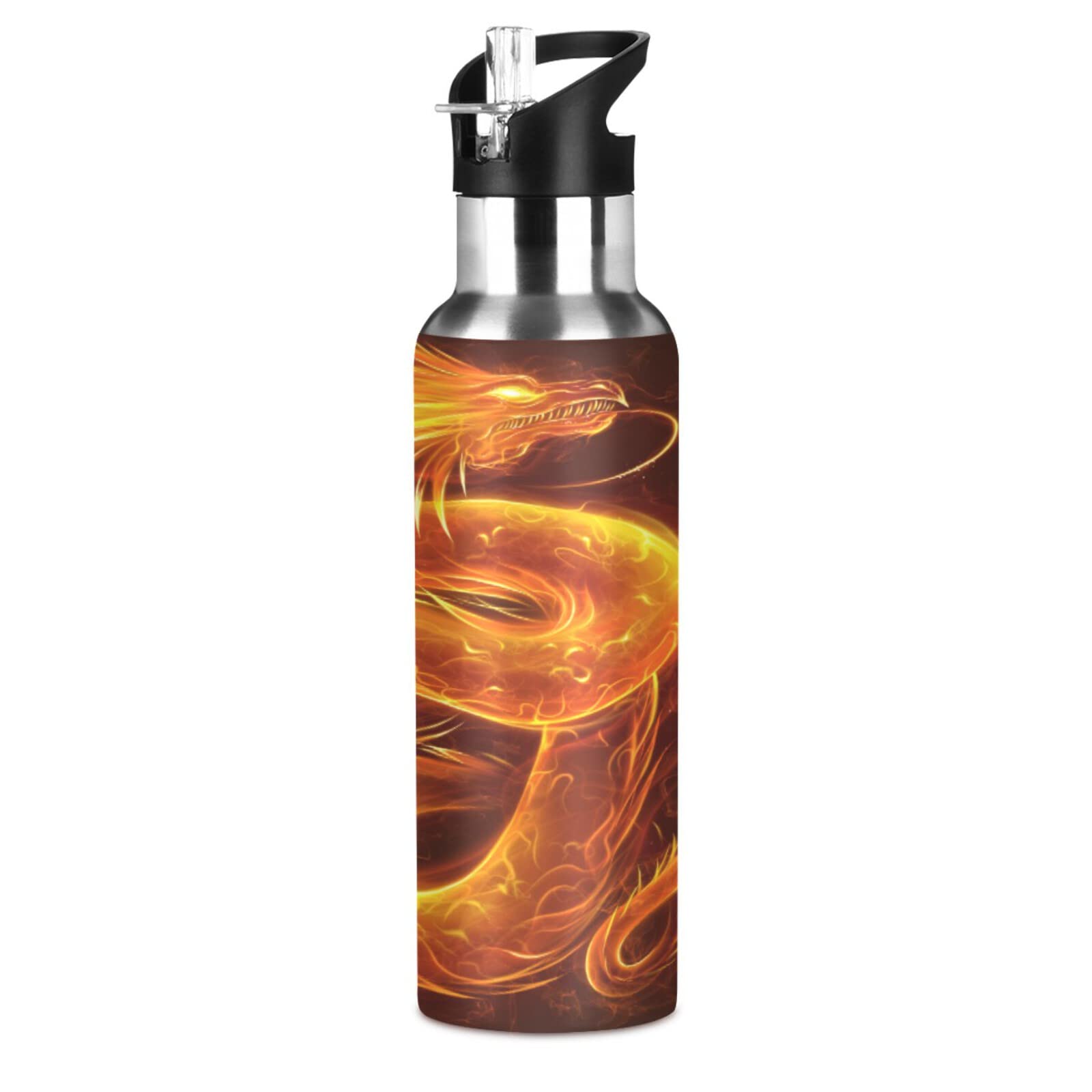 Fire Dragon Water Bottle Drink Flask with Straw Lid Insulated Stainless Steel Thermos Bottle for Boys Girls Gym Sports Leakproof 600 ml