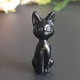 HLbshi Hand Carved Gemstone Crystal Abyssinian Egyptian cat Figurine Animal Statue Carving Office Room Home Decor 2'' (Black Obsidian)
