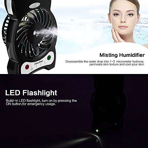 Ideashop Handheld Misting Fan Mini USB Fan Mini Desk Fan with Personal Cooling Mist Humidifier Rechargeable Battery 3 Speeds, 1 Led Light Portable Fan Outdoor Fan (Black)