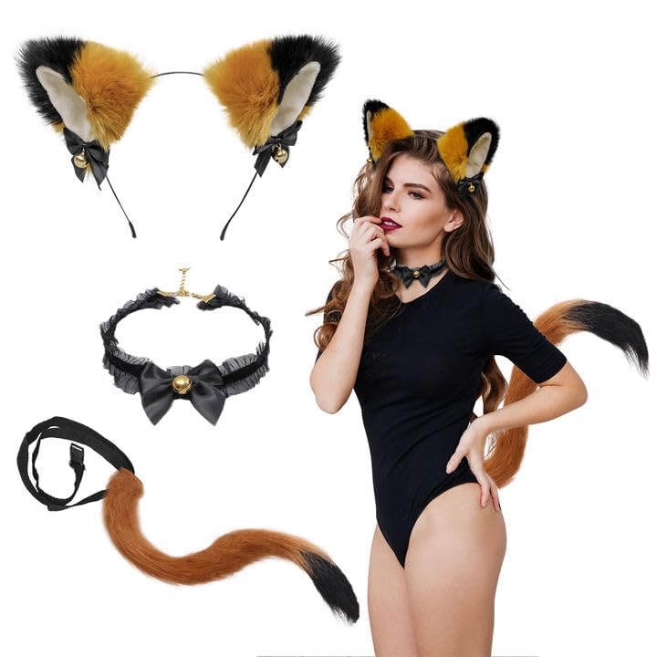 SKHAOVS 3 Pieces Fox Costume Included Black Fox Ears Headband Choker with Bells Faux Tail Animal for Fancy Dress Up Cosplay Halloween Accessories Costume Stage Show