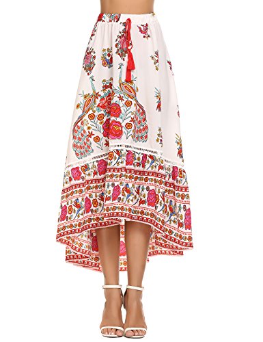 Women's Elatic Waist Printed Beach Maxi Skirt High Low Chiffon Skirt With Decorated Belt