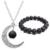Top Plaza Women Fashion Aromatherapy Black Lava Rock Stone Essential Oil Diffuser Necklace Bracelet Set,Natural Gemstone Hollow Crescent Moon Necklace Jewelry Set