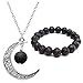 Top Plaza Women Fashion Aromatherapy Black Lava Rock Stone Essential Oil Diffuser Necklace Bracelet Set,Natural Gemstone Hollow Crescent Moon Necklace Jewelry Set