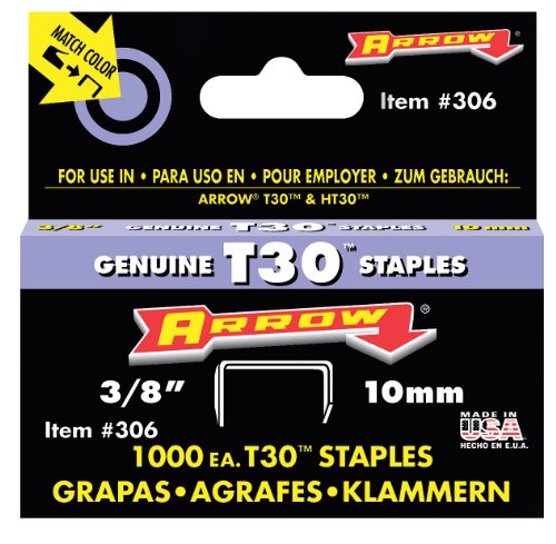 Arrow Fastener 306 Genuine 3/8-Inch Thin Wire Staples for T30 staple gun, HT 30 hammer tacker, 1,000-Pack