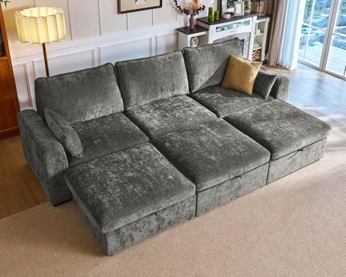 Bedeep 124.8'' Oversized Modular Sofa Comfy Cloud Couch with Storage, Deep Convertible Sectional Sleeper Sofa Bed for Living Room, 6-Seater with 3 Ottomans, Chenille, Grey