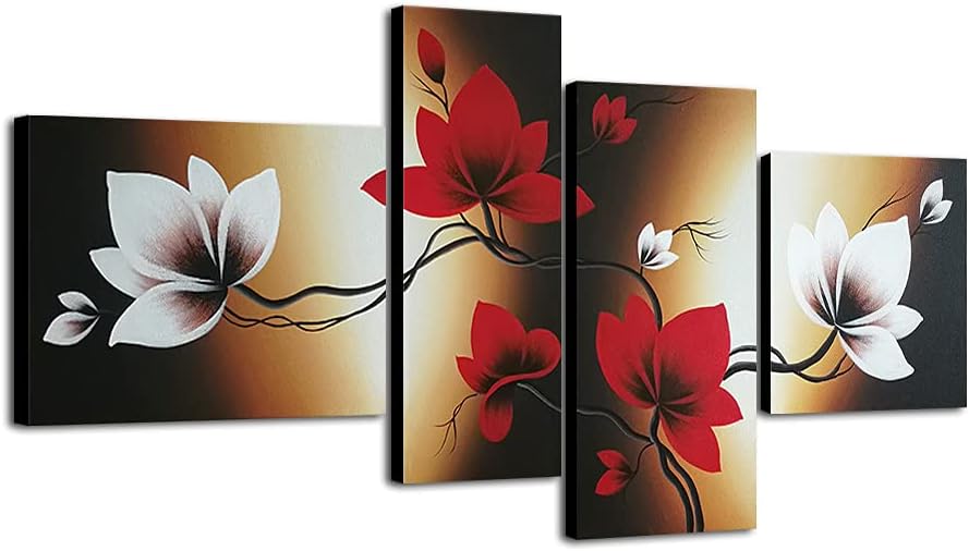 Paintings - Wieco Art Full Bloom in Spring Red Flowers 100% Hand-painted 4 panels Flower Oil Paintings on Canvas Wall Art for Wall Decor Oil Painting on Canvas