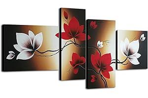 Wieco Art the Back Full Bloom in Spring Red Flowers 100% Hand-painted 4 panels Flower Oil Paintings on Canvas Wall Art for Wall Decor Landscape Oil Painting on Canvas 4pcs/set