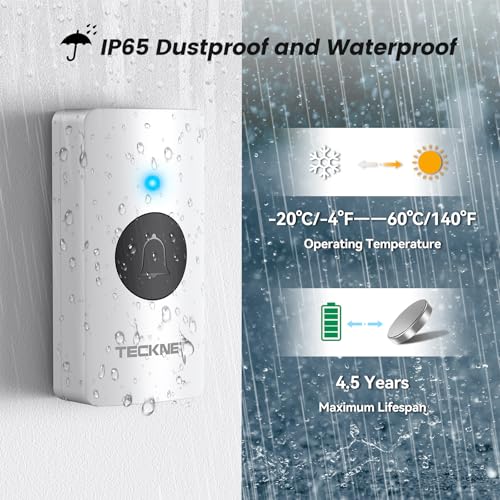 TECKNET Wireless Doorbell, Door Bells Wireless IP65 Waterproof Battery Operated Cordless Door Chime Kit up to 1300ft Long Range with 60 Melodies & 5-Level Volume, LED Flash, 4.5 Year Battery Life
