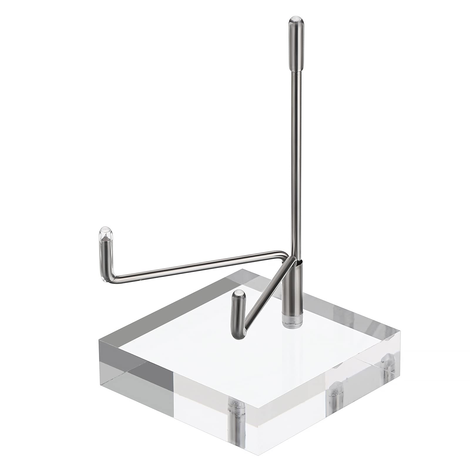 BTSKY Medium Size Adjustable Silver Metal Arm Display Stand Easel with Square Acrylic Base, Display Holder for Geodes Rock Mineral Agate Fossil Coral Coin