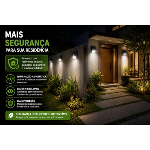 Kit 4 Arandelas Luminária Solar LED com Sensor de Presença Segurança | Luz Automática Externa Parede Jardim IP65 Resistente à Água Premium
