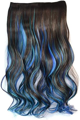 Awbin 20 Inch Dark Brown Sky Blue and Sapphire 3 Mixed Color Wavy Clip in Hair Extension