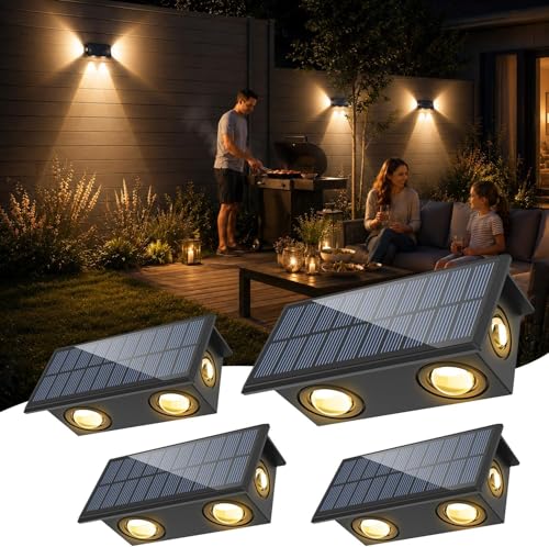 Solar Wandleuchte Aussen,4 Stück Solarlampen für Außen Wand, Auto ON/OFF Zaunleuchte LED, IP65 Wasserdicht Warmweiß Zaun Beleuchtung Solar für Hinterhof Veranda Deck Patio Geländer
