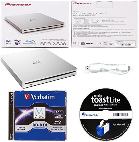 Pioneer 6x BDR-XS06 External Blu-ray Burner in Retail Box Bundle with 50GB Verbatim M-Disc BD-R DL and Roxio for Mac