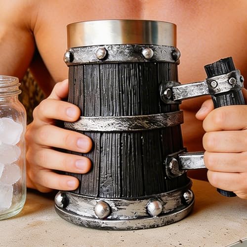 Medieval Viking Wooden Beer Stein, 304 with Stainless Steel Liner,Nordic Viking Runes Tankard Coffee Cup Home Decor, Capacity 20 OZ (Black) Men Father’s Day Gift | Beer Mug | Dubai Souvenir