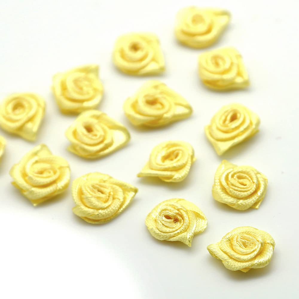 Pack of 100 Roses 2.5 cm Small Artificial Flowers Rose Heads Satin Roses Sew On Flowers Appliques for Crafts Patches Decorative Roses Mini Fabric Roses DIY Accessories Home Wedding Decoration Yellow