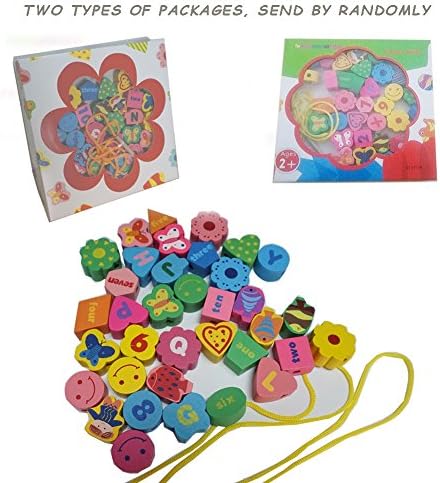 HiKid Toy Park Ponny Lacing Jumbo Wooden Threading Beads Set 36 Pieces Stringing Number Blocks Letter Alphabet Learning for Preschoolers in A Storage Box