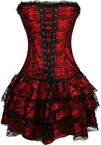Yinwes Corset Plus Size S-6XL Women's Gothic Boned Lace Corsets and Bustiers Dress With Skirt