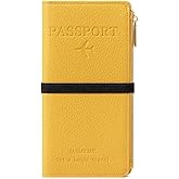 DOB SECHS Leather Passport Holder, RFID Blocking Passport Wallet Credit Cards Case for Women, Travel Accessories Organizer Pouch Bag with ID Window+Zippered Cash Pocket+SIM Slots, Yellow