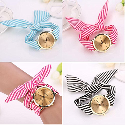 Malltop Elegant Women Floral Stripe Cloth Bracelet Mineral Glass Dial Window Quartz Analog Wrist Watch
