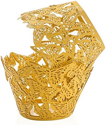 PAMISO Cupcake Holders (100pcs) Filigree Artistic Bake Cake Paper Cups Decor Wrapper Wraps Cupcake Muffin Paper Holders for Wedding Party Birthday(Butterfly) (Golden Yellow)