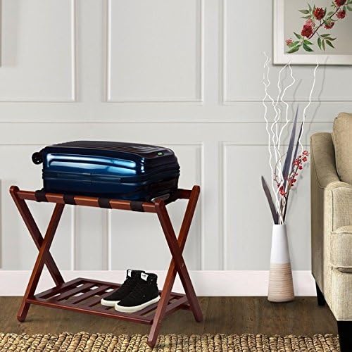 Single Piece Dark Brown Fabric Luggage Rack, hotel Style Wooden Completely Foldable Rack, Add Extra Storage Space For Your Guests With Two Shelves