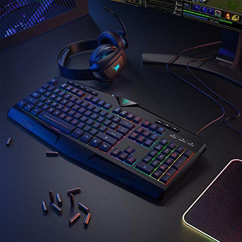 PICTEK RGB Gaming Keyboard USB Wired Keyboard, Crater Architecture Backlit Computer Keyboard with 8 Independent Multimedia Keys, 25 Keys Anti-ghosting, Splash-Proof, Ideal for PC/Mac Game, Black