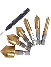 ZDMALL - Juego de brocas para avellanar (6 piezas, vástago hexagonal HSS de 1 4 pulgadas, avellanador de 5 flautas, 90 grados, herramientas de punzón central para madera, cambio rápido, 0.236 in-0.748 in (regalo del padre)