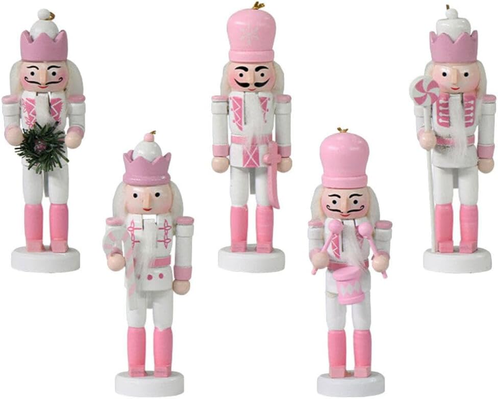 Nutcrackers - VOSAREA 5pcs Christmas Nutcrackers Figure Hanging Nutcracker Soldier Xmas Tree Wooden Nutcracker Pendant Ornament Christmas Party Favor (Pink)