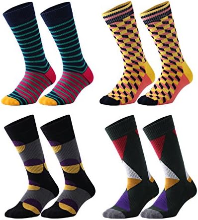 Fancyteck Mens 4 Pack Patterned Dress Socks, Formal Colorful Cotton Trouser Business Crew Socks, Thick&Warm for Winter (Mature)