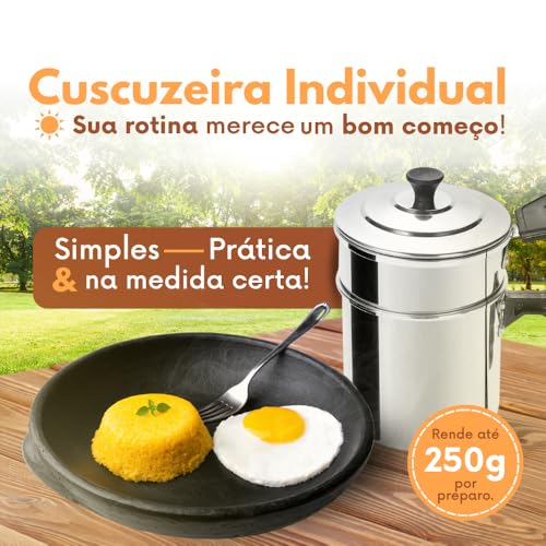 Cuscuzeira Individual de Alumínio Polido, 15 cm Altura, 10 cm Diâmetro, com Tampa e Alça, para Cuscuz e Legumes a Vapor