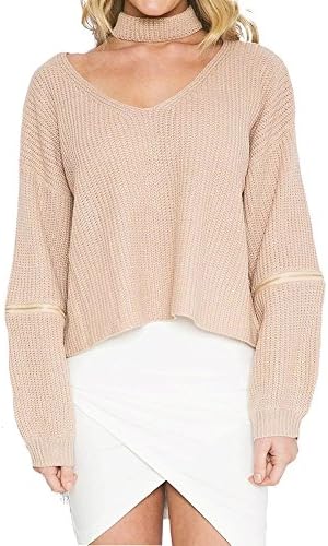 Tentotwelve Women's Solid V Neck Long Sleeve Knit Sweater With Removable Choker Khaki S