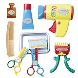 9 Piece Pretend Play Barber Shop Toy Hair Salon Playset for Kids Hairstyle Salon Kit Cut Hair Tool Set Including Hair Dryer, Comb, Hair Trimmers, Scissors(80115B)