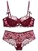 Women Lace Bra and Panty Set for Spring Summer Autumn Gathered Underwire Breathable Thin Sexy Brief Underwear Set 42D Wine Red