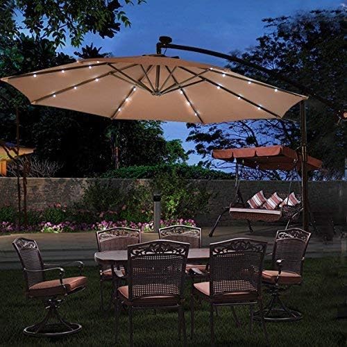 Amazon Com Tangkula 10ft Outdoor Patio Umbrella Solar Led Lighted Sun Shade Market Umbrella With Hanging Cover And Cross Base Light Brown Garden Outdoor