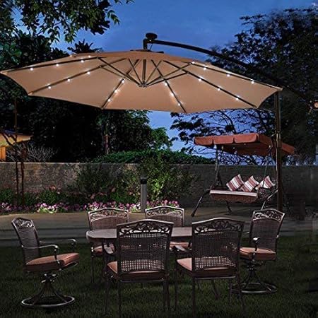 Amazon Com Tangkula 10ft Outdoor Patio Umbrella Solar Led Lighted Sun Shade Market Umbrella With Hanging Cover And Cross Base Light Brown Garden Outdoor