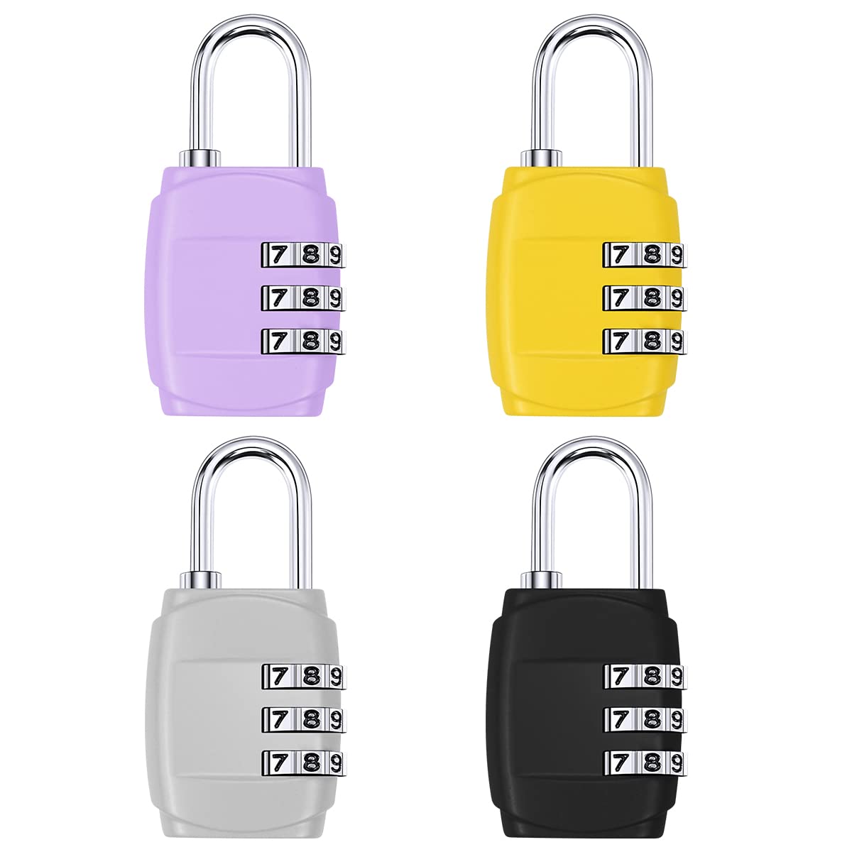 4 Pack Luggage Locks 3 Digit Combination Padlock Codes with Alloy Body for Suitcase Travel Bag Gym Shed Bike Locks - Black, Silver, Yellow, Purple
