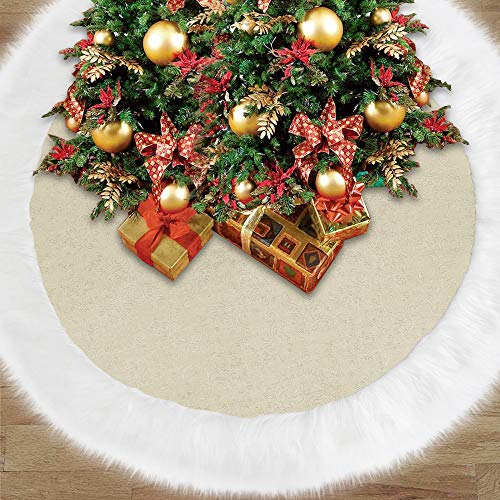 Jellas 3D Embossing Pattern Christmas Tree Skirt, 48 inches Premium Golden Tree Mat for Xmas Holiday with Hand Stitched Luxury White Snow Smooth Fur Edge, for Christmas Decoration Outdoor and Indoor