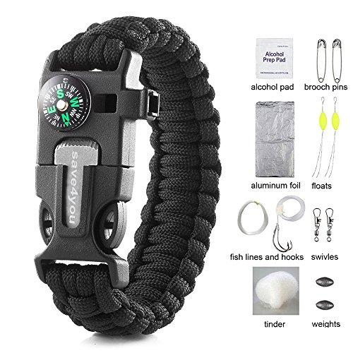 Save4you Paracord Bracelet Embedded Compass Fire Starter Emergency Knife Whistle W 16-Piece Survival Kit Includes Fishing Gear (black)