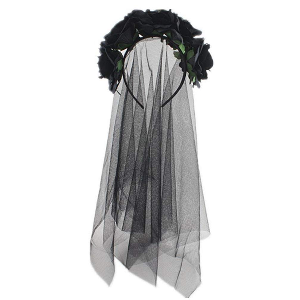 Lurrose Rose Floral Crown Veil Halloween Costume Mexican Headband Day of the Dead Headpiece, Black Pattern, Größe 1