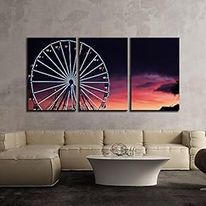 3 Piece Canvas Wall Art - Ferris Wheel at Dusk - Modern Home Art Stretched and Framed Ready to Hang - 16"x24"x3 Panels