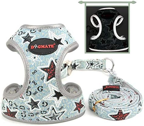 SELMAI Reflective Pet Harness and Leash Set for Small Medium Dogs Escape Proof Cat Harness Fashion Denim Soft Padded Adjustble Vest Harness