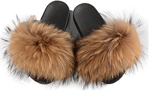 Women Real Raccoon Fur Slippers Outdoor Slides Slip On Sandals Raccoon Fur Collar S#06