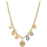 NALISASA Glod Plated Boho Paperclip Chain Charm Necklace for Women Handmade Evil Eye Sun Moon Star Flower Coin Safety Pin Necklace Celestial Jewelry