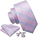 Barry.Wang Plaid Ties Check Mens Necktie Set with Handkerchief Cufflinks Classic Stripe
