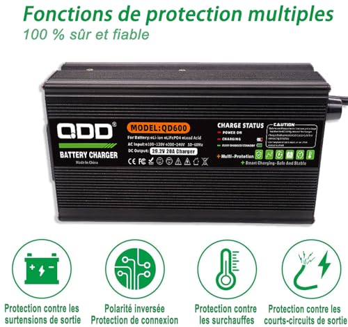QDD LiFePO4 29.2V 20A Battery Charger with LED Indicator Light, Safety Protection Function, Suitable for LiFePO4 8S 24V 25.6V Battery Pack