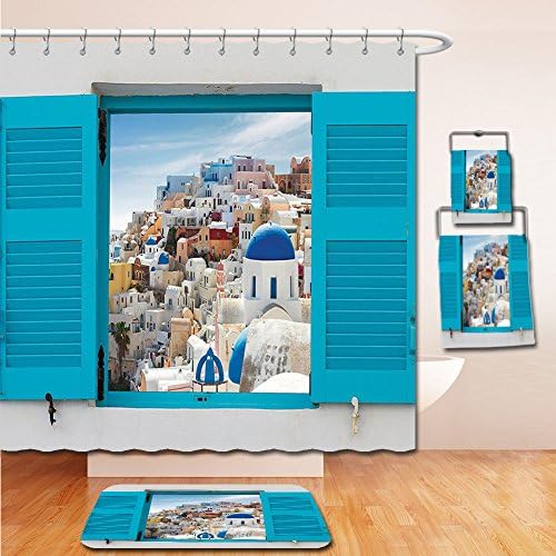 LiczHome Bath Suit: Showercurtain Bathrug Bathtowel Handtowel European Cityscape Tapestry Decor Old Shutter Window with View of Traditional Greek Village Heritage Culture Deco Multi Color