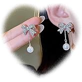 Crymystal Vintage Pearl Bow Drop Earrings for Girls Boho Crystal Bow Stud Earrings Silver Chain Earrings Wedding Pearl Earrings Rhinestone Bow Knot Dangle Earrings Jewelry for Women Gifts