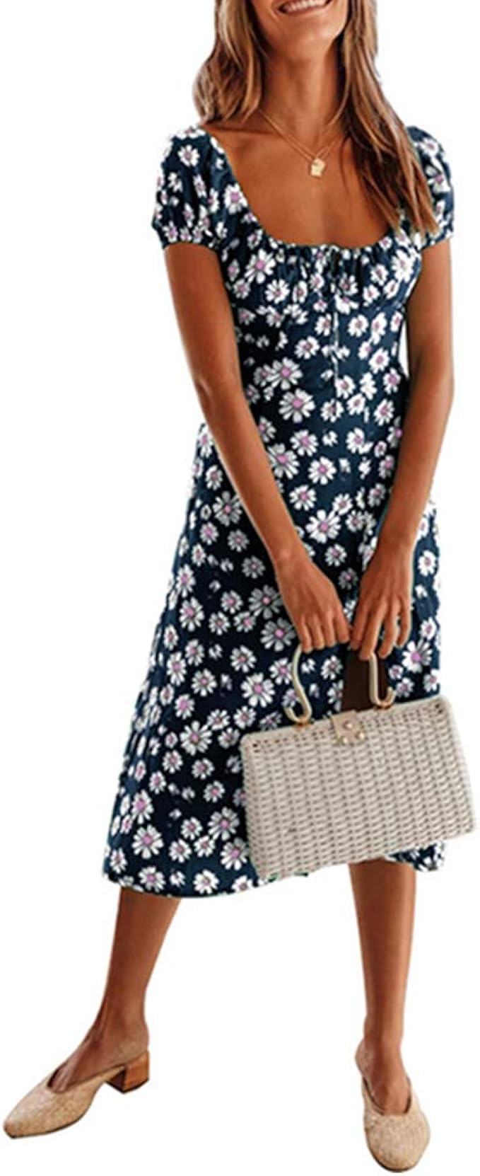 Geagodelia Damen Kleid Kurzarm Sexy Midikleid Elegant Kamille